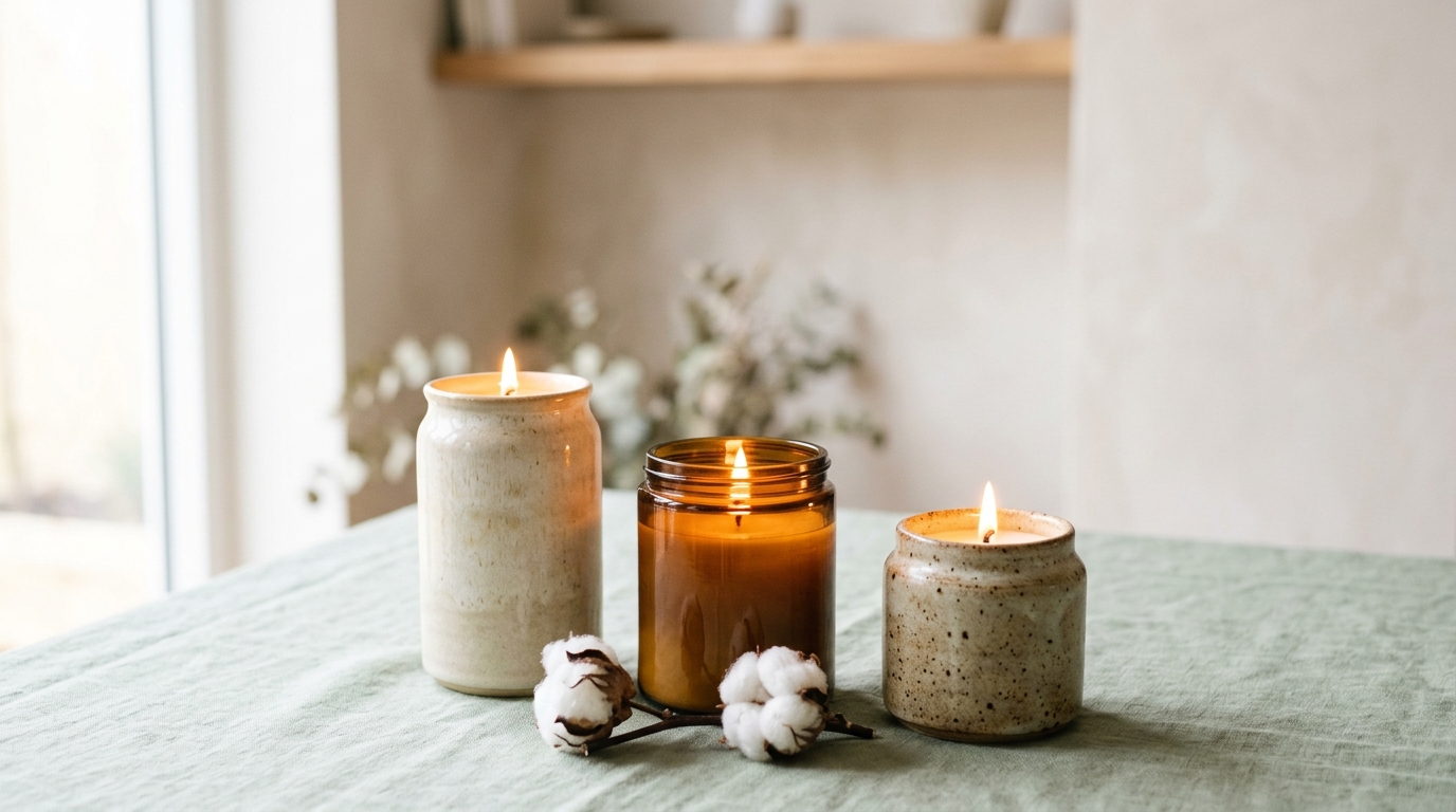 Three soy candles burning with soft natural light
