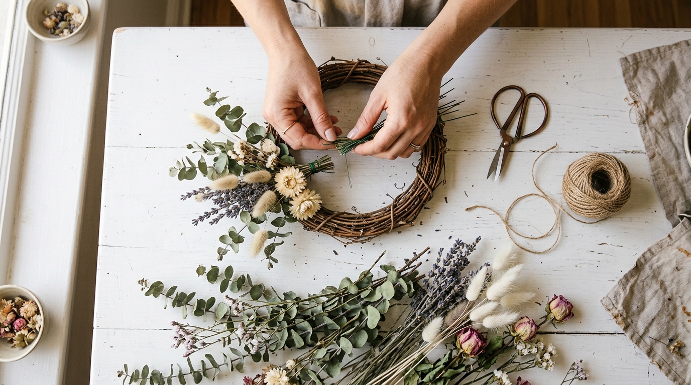 Hands arranging dried flowers into a wreath