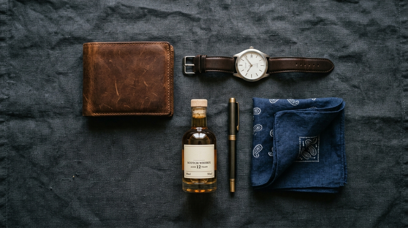 Masculine gift items flat-lay on slate linen