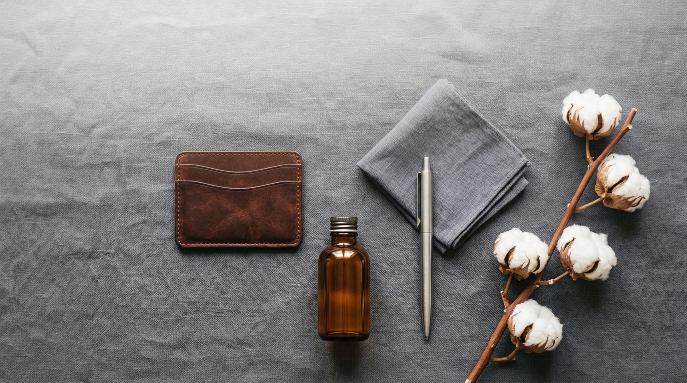 Masculine gift flat-lay on slate linen: leather card holder, amber cologne bottle, silver pen and cotton stems