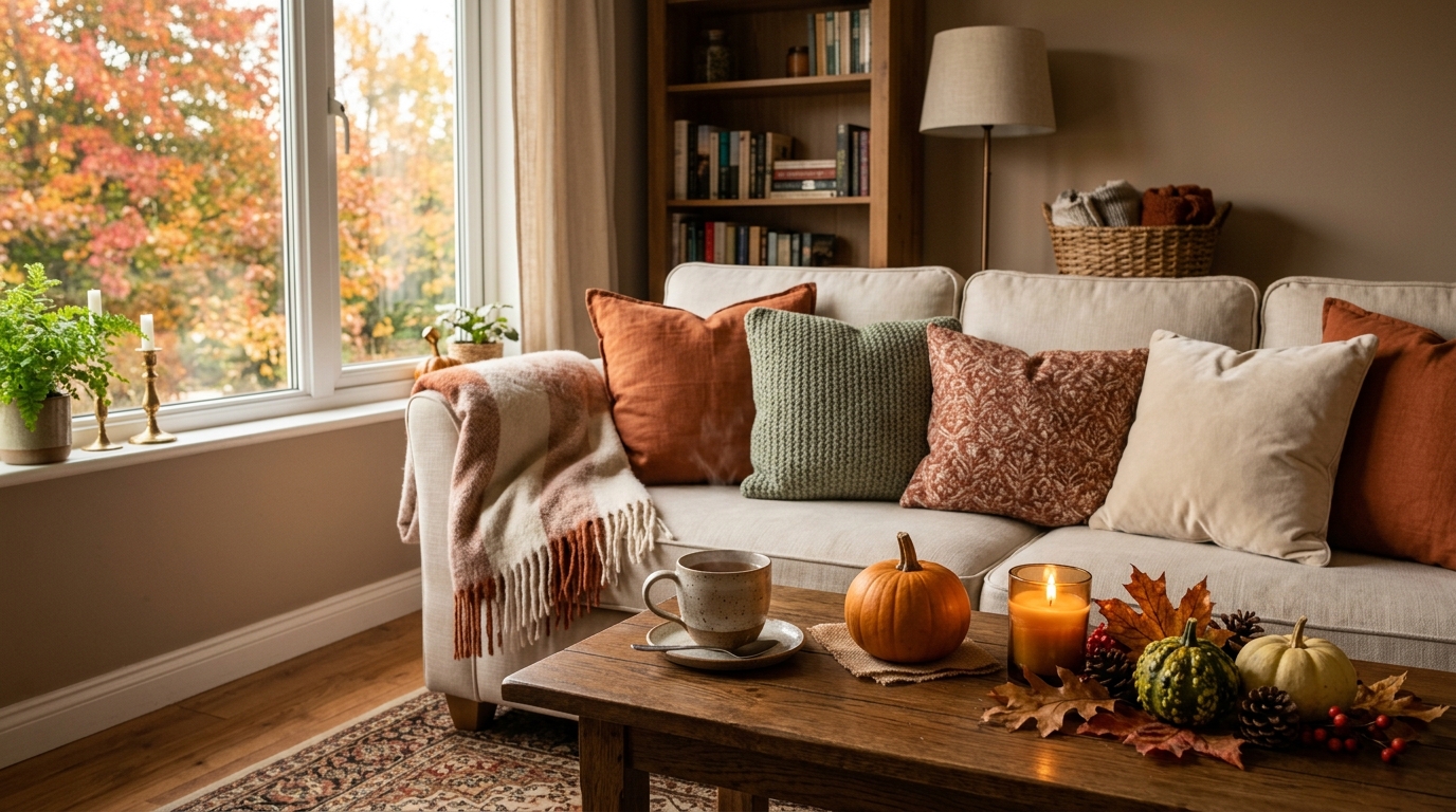 Cozy fall living room with warm autumn decor and candles