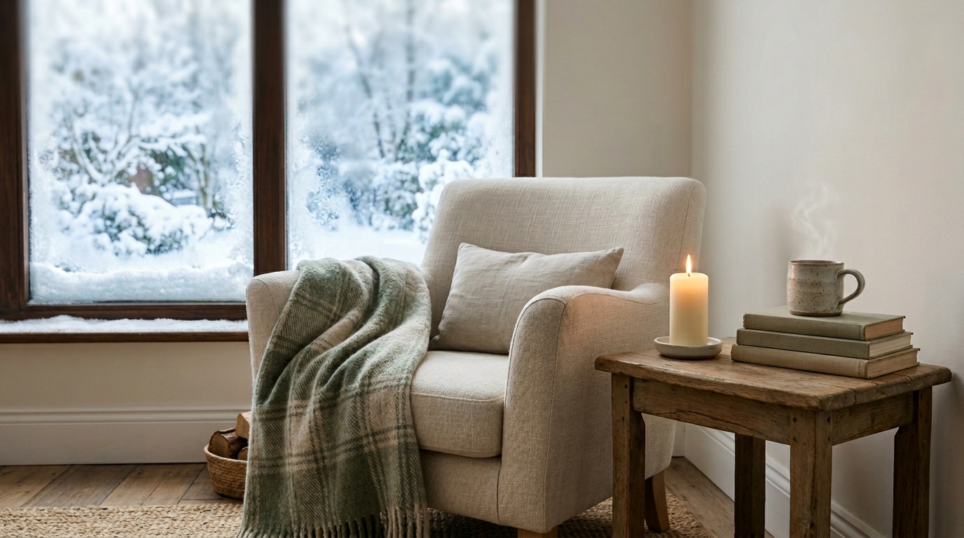 Cozy winter reading nook with cream armchair, sage plaid throw and snowy window view