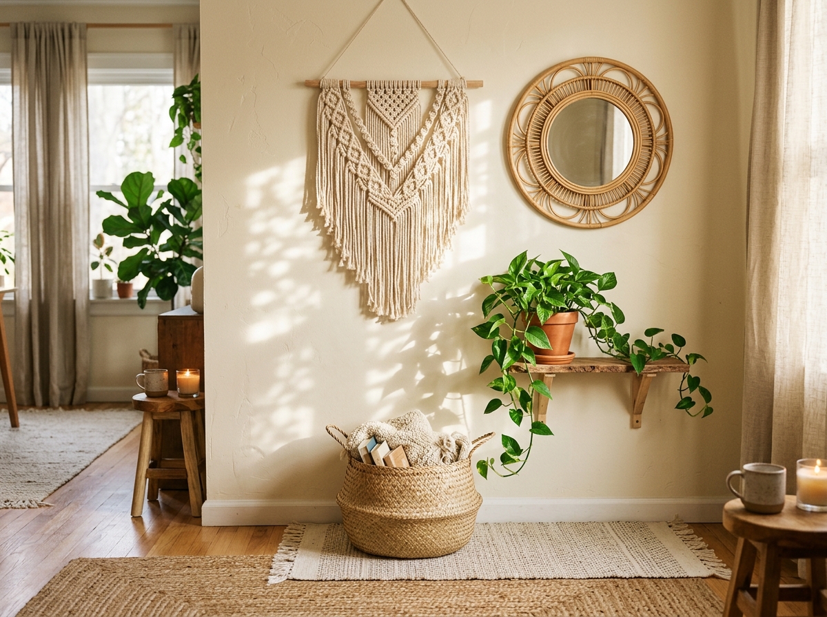 Boho styled corner with macramé wall hanging, rattan mirror and trailing plants