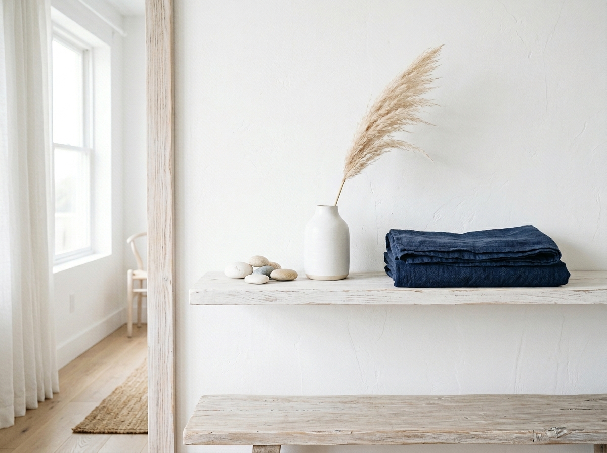 Minimal coastal shelf with white vase holding pampas grass, smooth pebbles and folded navy linen throw