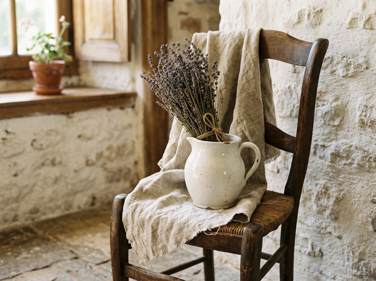 White ceramic jug with dried lavender, linen on a wooden chair, French country style