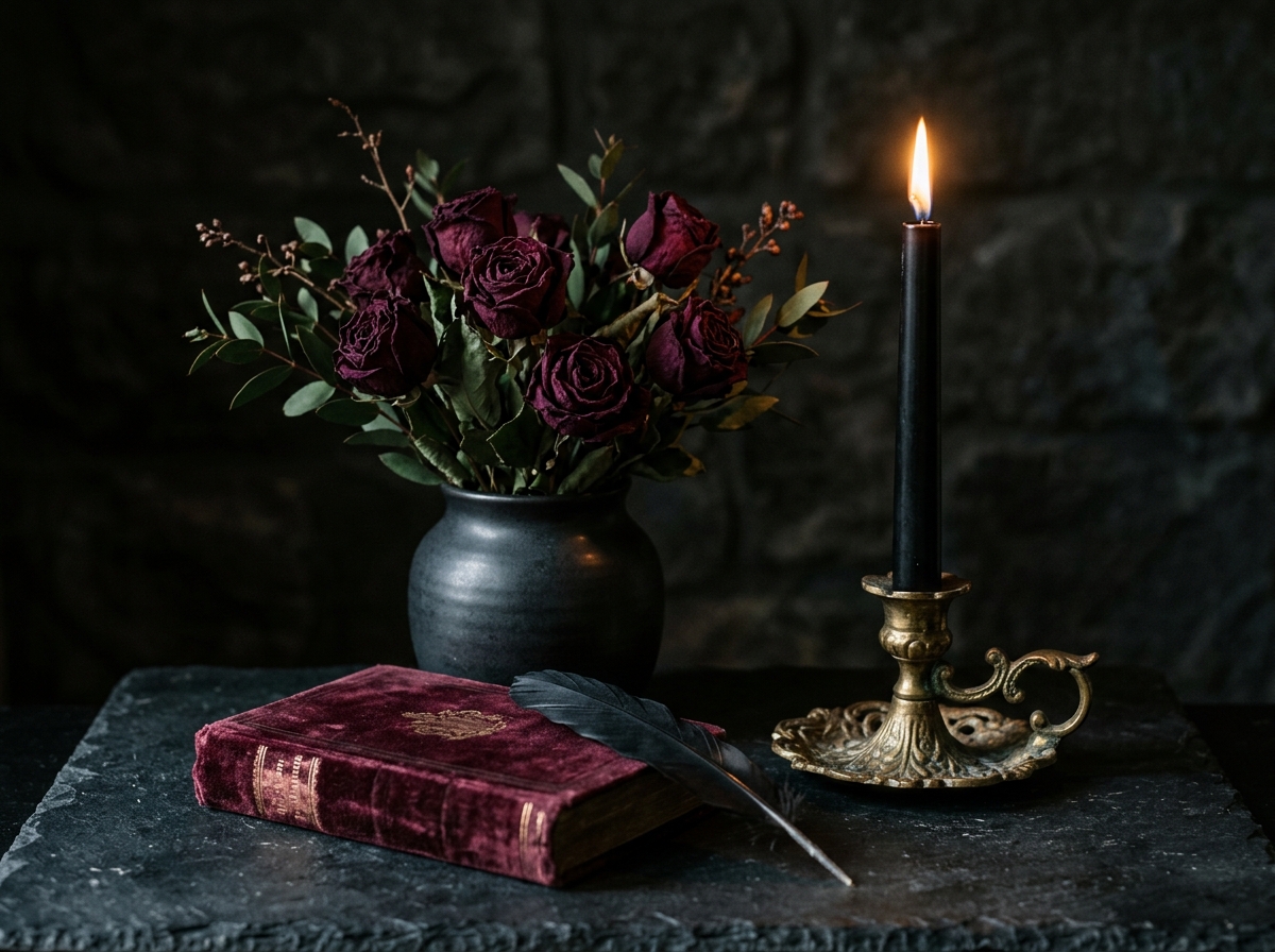 Moody gothic vignette with dark roses in matte vase, burning black taper candle in brass holder and velvet book