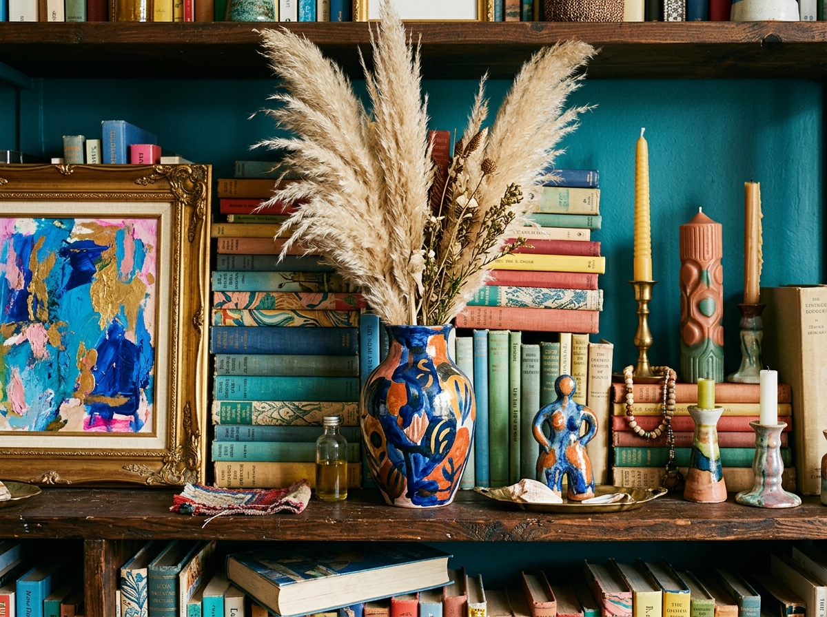 Richly layered maximalist shelf with colourful books, ceramic vases and pampas grass