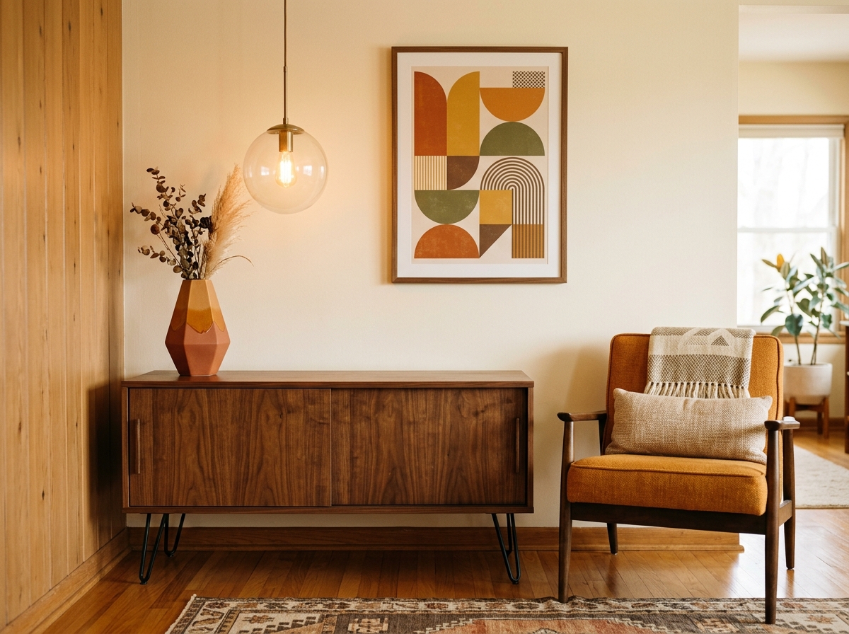 Mid-century modern styled corner with walnut credenza, globe lamp and geometric ceramics