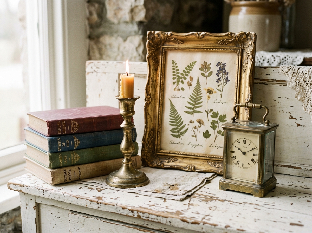 Vintage home finds including brass candlestick, aged books and gilded botanical print
