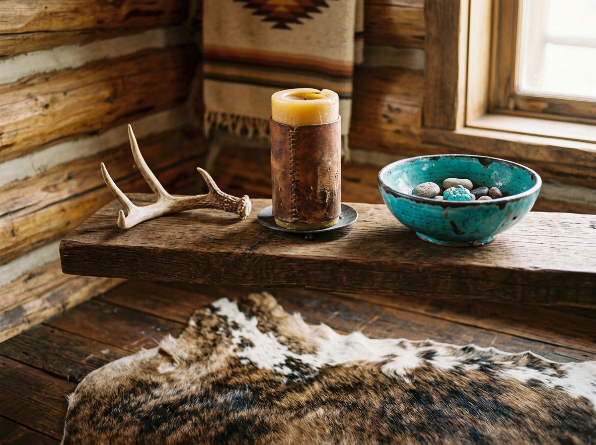 Western home vignette with rustic decor, leather and natural textures