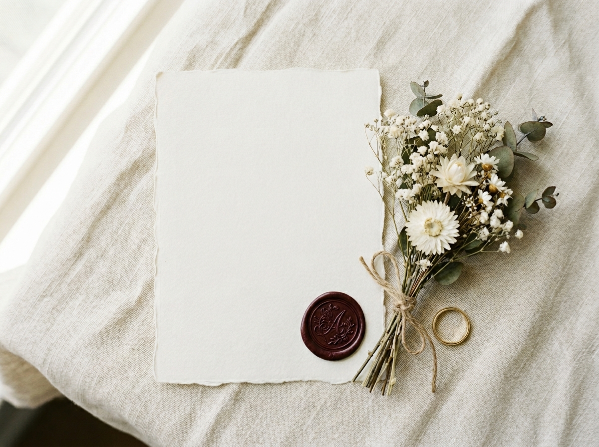 Elegant flat-lay with ivory letter paper, wax seal, dried white flowers and gold rings on cream linen