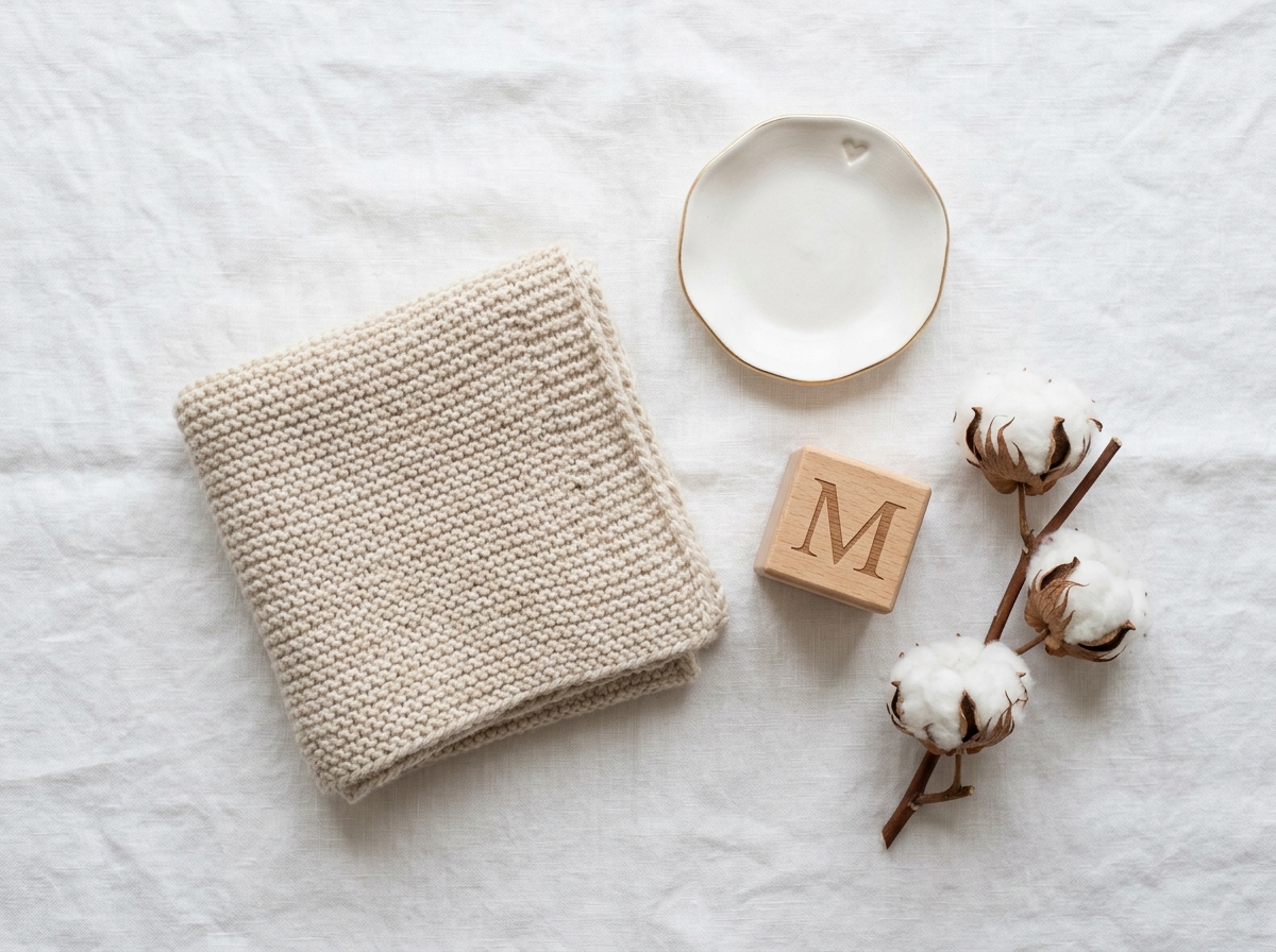 Sweet baby gift flat-lay with oatmeal knit blanket, ceramic dish, wooden letter block and dried cotton
