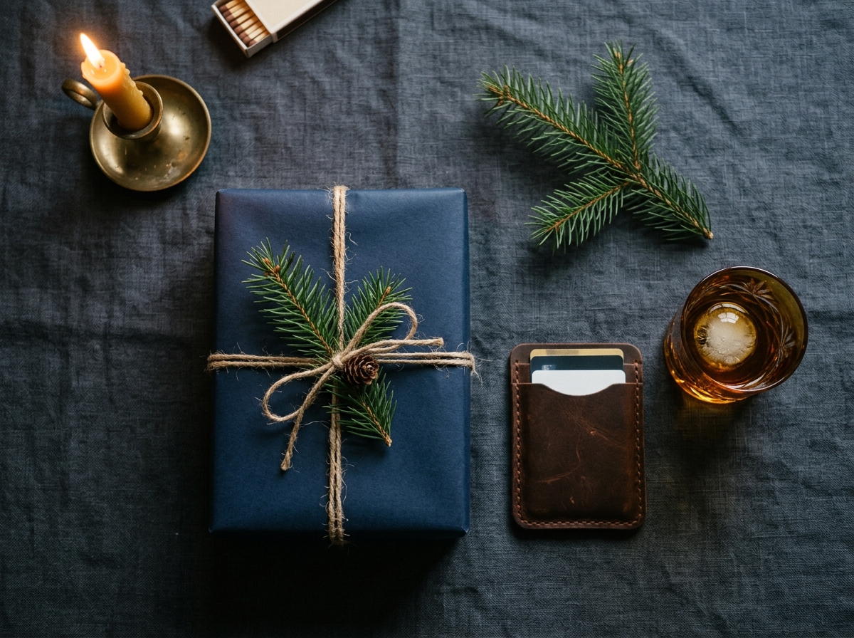 Masculine Christmas flat-lay with navy gift, leather card holder, whiskey glass and pine on slate linen