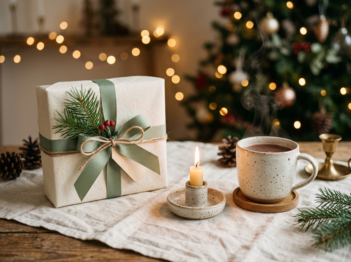 Cozy Christmas gift with cream-wrapped present, pine sprig, lit candle and steaming mug