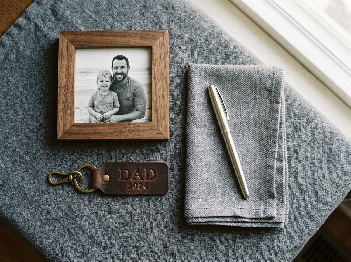 Father's Day flat-lay with wooden photo frame, leather DAD keychain, silver pen and grey handkerchief