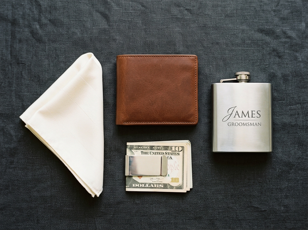 Groomsman gift flat-lay with leather wallet, silver flask, money clip and ivory pocket square on charcoal linen