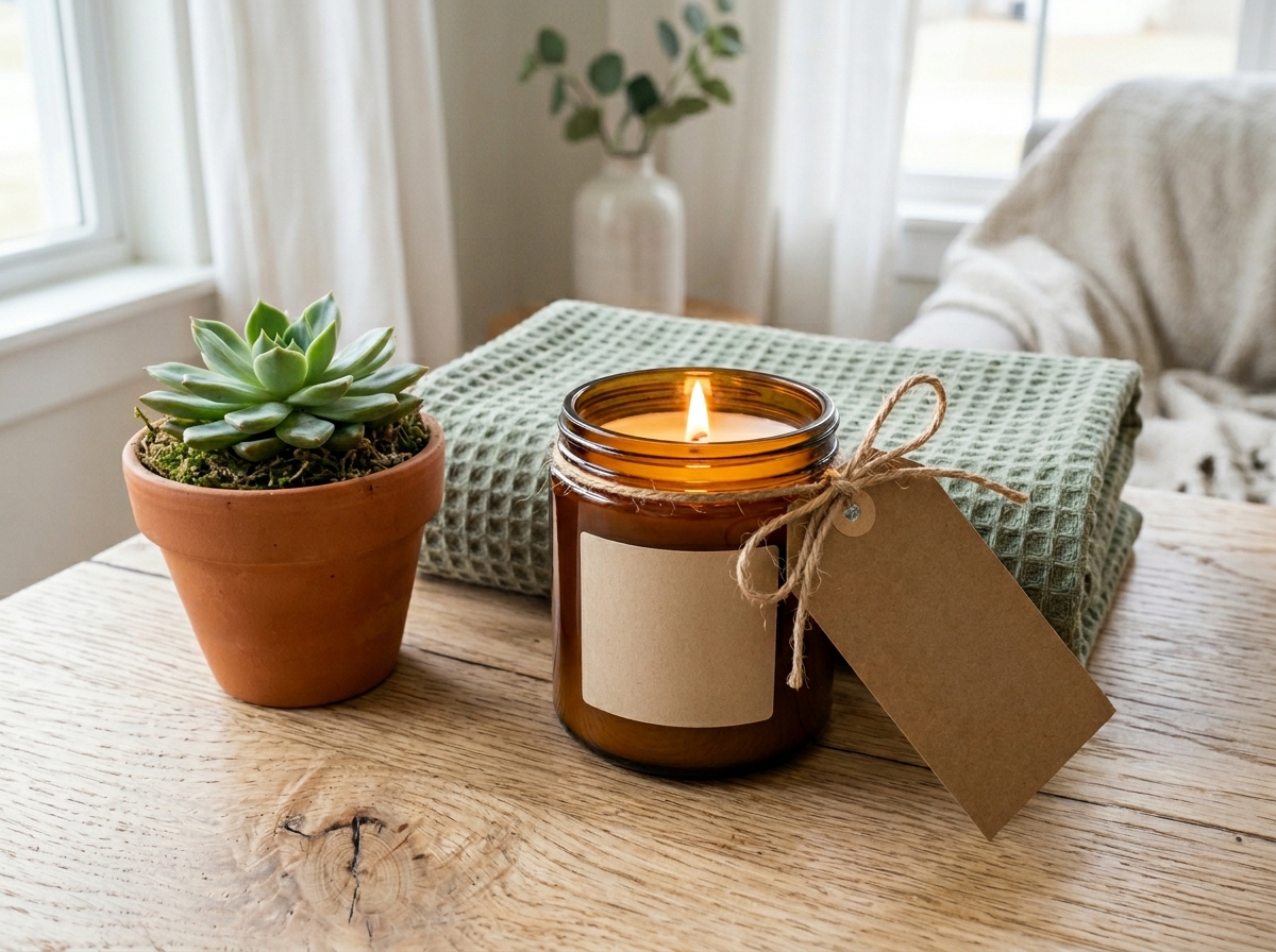 Housewarming gift arrangement with amber candle, sage throw, succulent and kraft gift tag