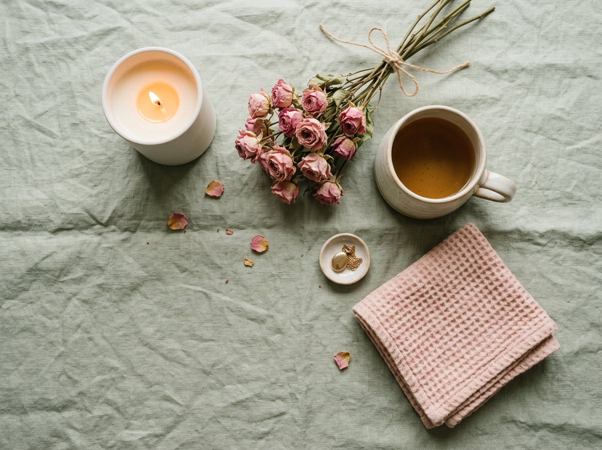 Romantic flat-lay with lit candle, dried pink roses, ceramic mug and blush cloth on sage linen