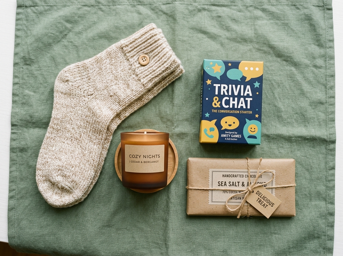 White elephant gift flat-lay with knit socks, candle, trivia card game and artisan chocolate on sage linen