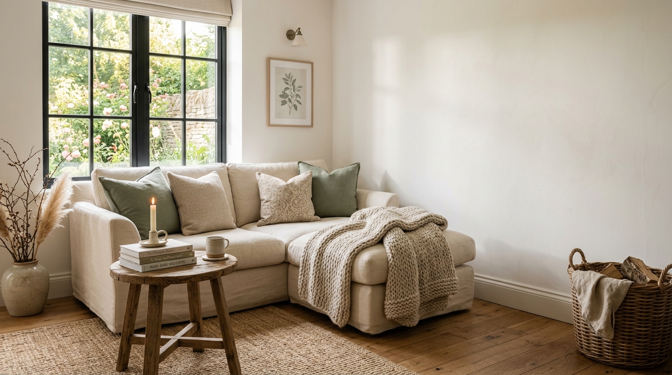 A cozy living room with a cream linen sofa, sage green cushions, chunky knit blanket, botanical print, and warm natural light through a garden window