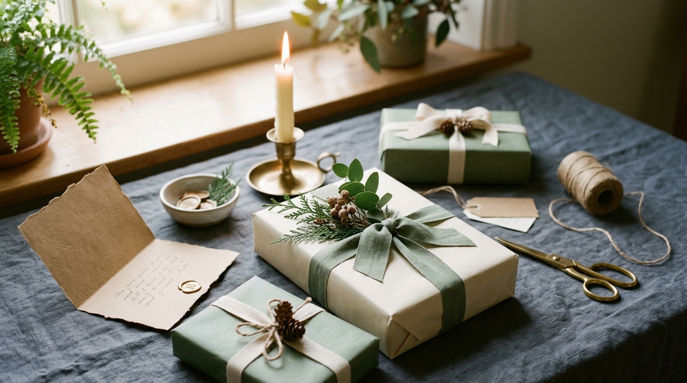 Beautifully wrapped gifts in sage green and cream paper with ribbon, a candle, and botanical sprigs on a slate linen surface