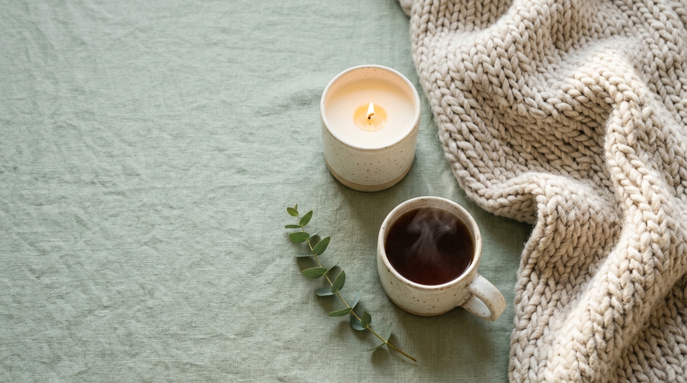 A lit candle in a ceramic jar, a steaming mug, and a chunky knit blanket on a sage green linen surface with a eucalyptus sprig
