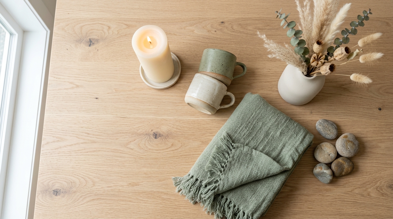 Candle, stacked ceramic mugs, a sage green throw blanket, and dried botanicals on a white oak table