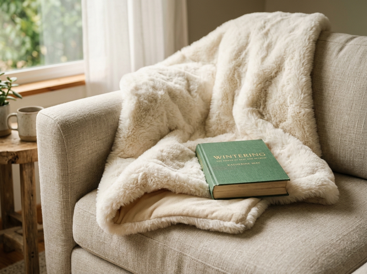 A plush ivory faux fur throw blanket draped over a linen sofa armchair with a green hardcover book resting on top