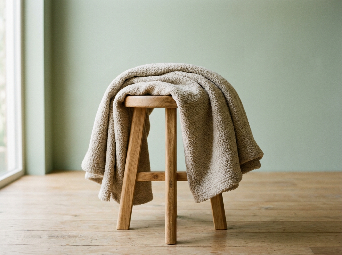 Thick oatmeal fleece throw blanket draped over an oak stool against a sage green wall