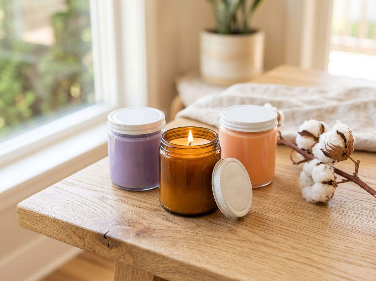 Three colorful jar candles on oak surface with cotton stem — Bath and Body Works style