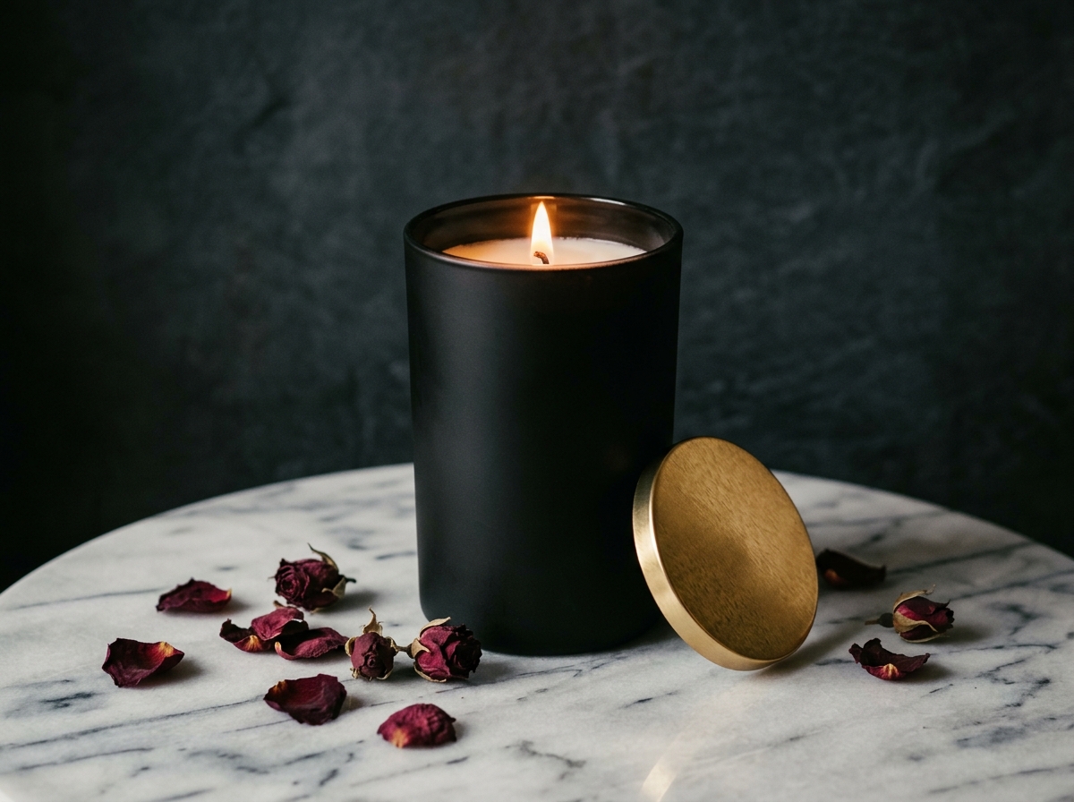 A tall matte black glass candle burning on a marble surface with dried rose petals and a gold lid beside it