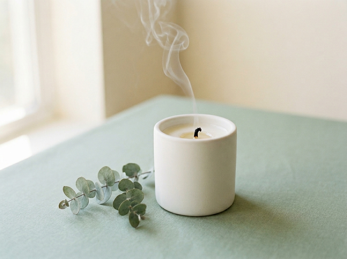 A just-extinguished soy candle in a white ceramic jar with a wisp of smoke, eucalyptus sprig on sage linen