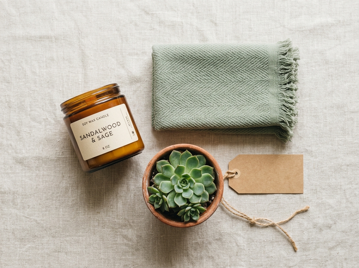 Flat-lay of a soy candle, folded sage green throw, small succulent, and kraft gift tag on linen