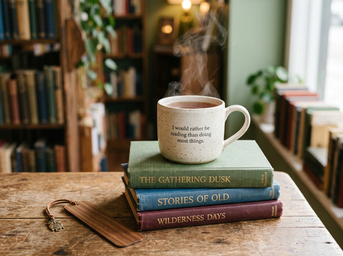 Speckled ceramic bookish mug on a stack of hardcover books in a warm bookshop