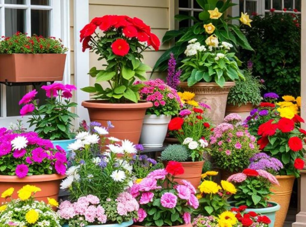 a variety of colorful flower containers displayed on a patio, showcasing different heights and arrangements