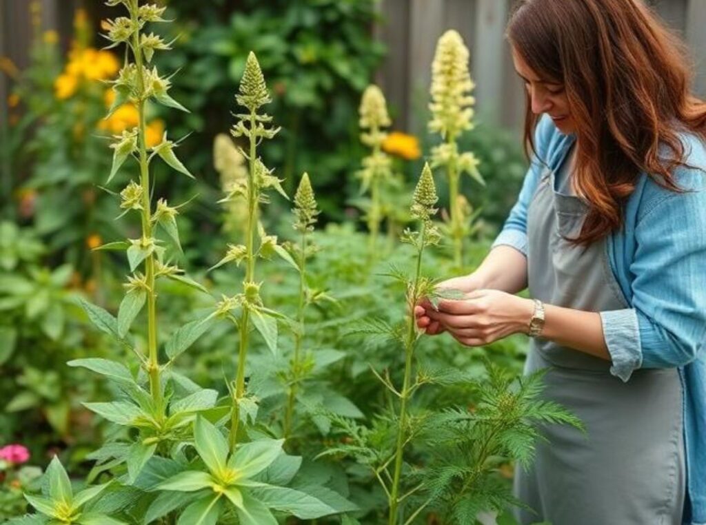 Medicinal Plant garden in backyard with a woman picking plants