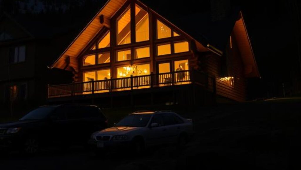 a beautiful large log cabin on a mountain during the dark