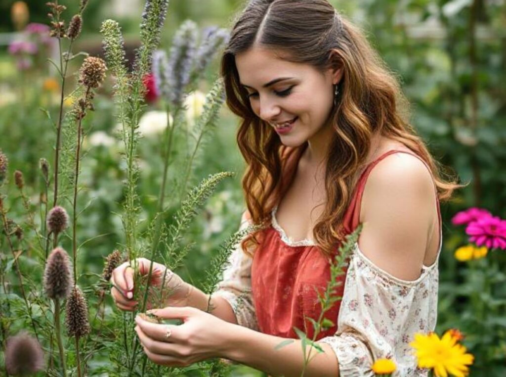 a beautiful woman picking plants in her Medicinal Garden