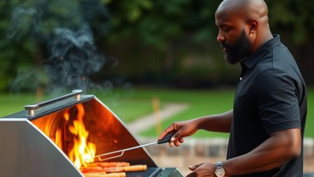 a black man grilling on a gas grill outdoors