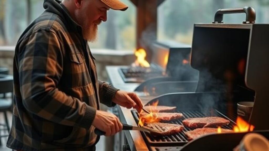 rugged outdoorsman grilling steaks in his massive outdoor kitchen