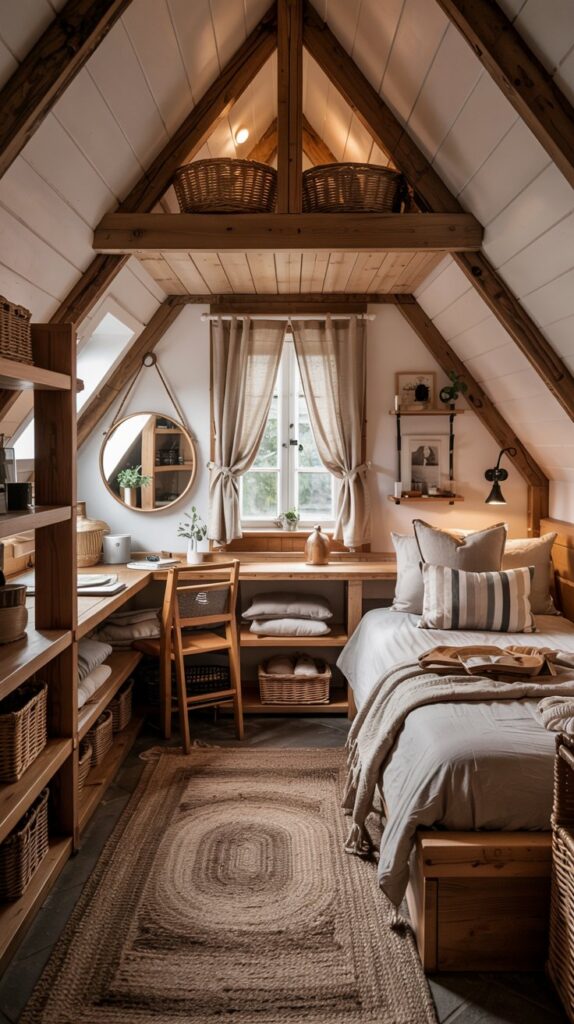 A charming, rustic-inspired tiny attic bedroom that feels warm yet spacious
