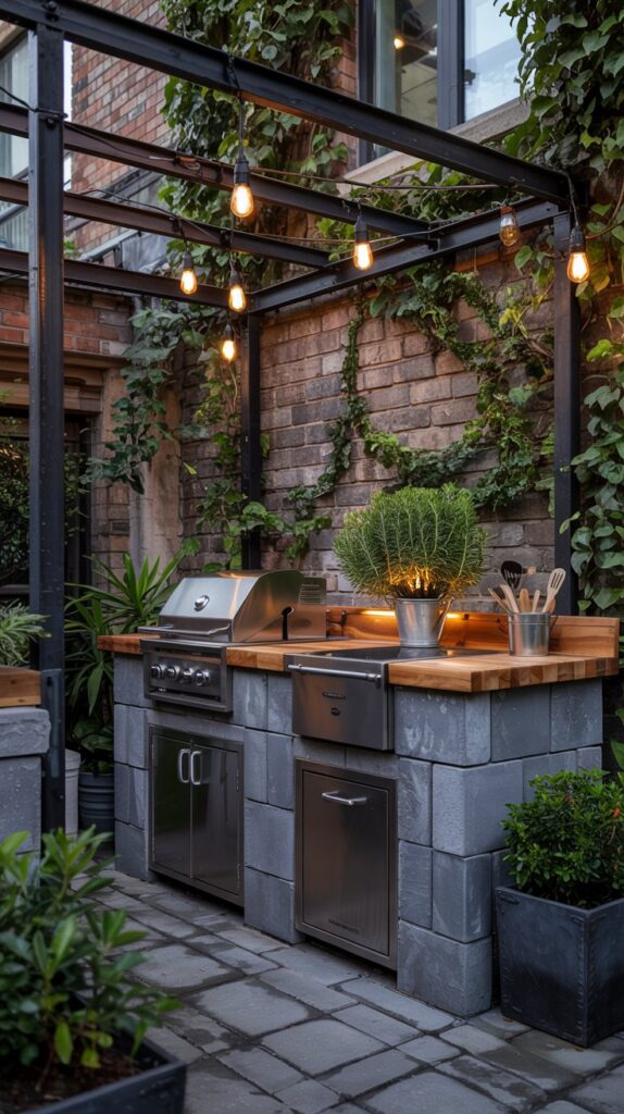 Compact outdoor kitchen in a city patio setting. Brushed steel surfaces, concrete block walls, and wooden countertops. Minimal décor: a single potted plant and monochrome utensils. Black metal pergola overhead with Edison bulb string lights. Efficient use of space with fold-down surfaces or sliding panels.