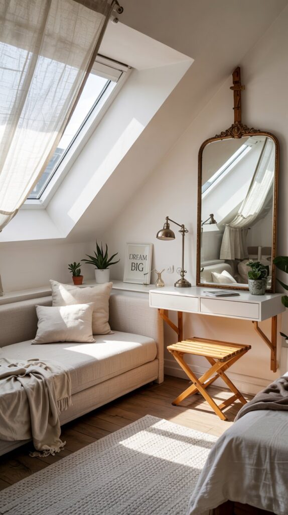 A sunlit tiny attic bedroom designed to feel open and airy, with soft white walls and pale wood flooring to maximize light reflection