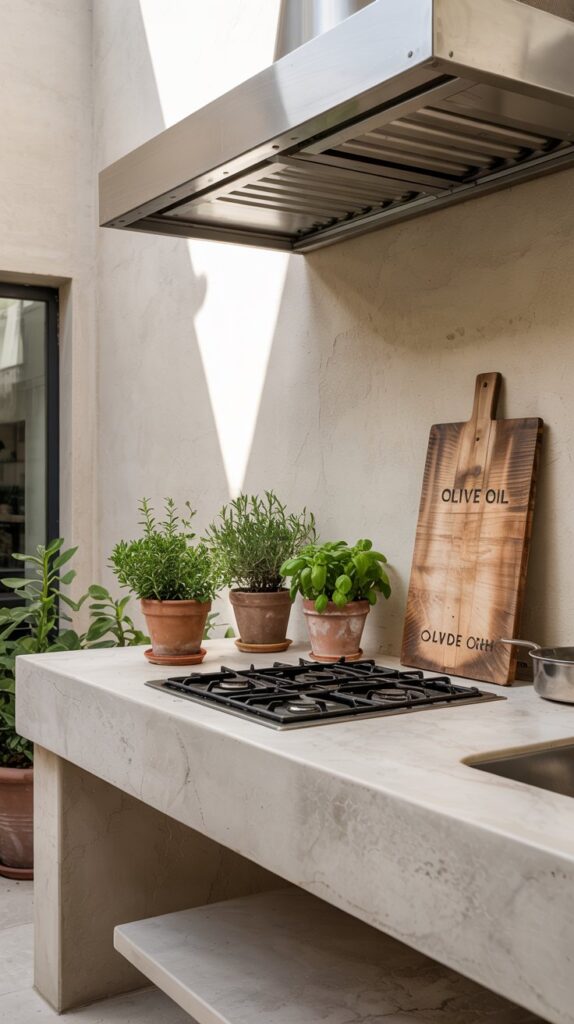 full shot of an ultra-clean outdoor kitchen in a sun-drenched courtyard, where simplicity reigns. A long, monolithic countertop in honed limestone or light gray quartz stretches along one wall, interrupted only by a minimalist grill or single-burner stove. All functional elements—storage, trash bins, and utensils—are concealed behind flush panels or within a discreet vertical cabinet. The only decor is a single wooden cutting board leaning against the wall and a trio of terracotta pots with slender herbs (thyme, sage, or basil). Overhead, a slim cantilevered awning casts subtle shadows, while the floor is pale brushed concrete or large-format tiles. The mood is meditative, with every element serving a purpose—no excess, just harmony between function and form.