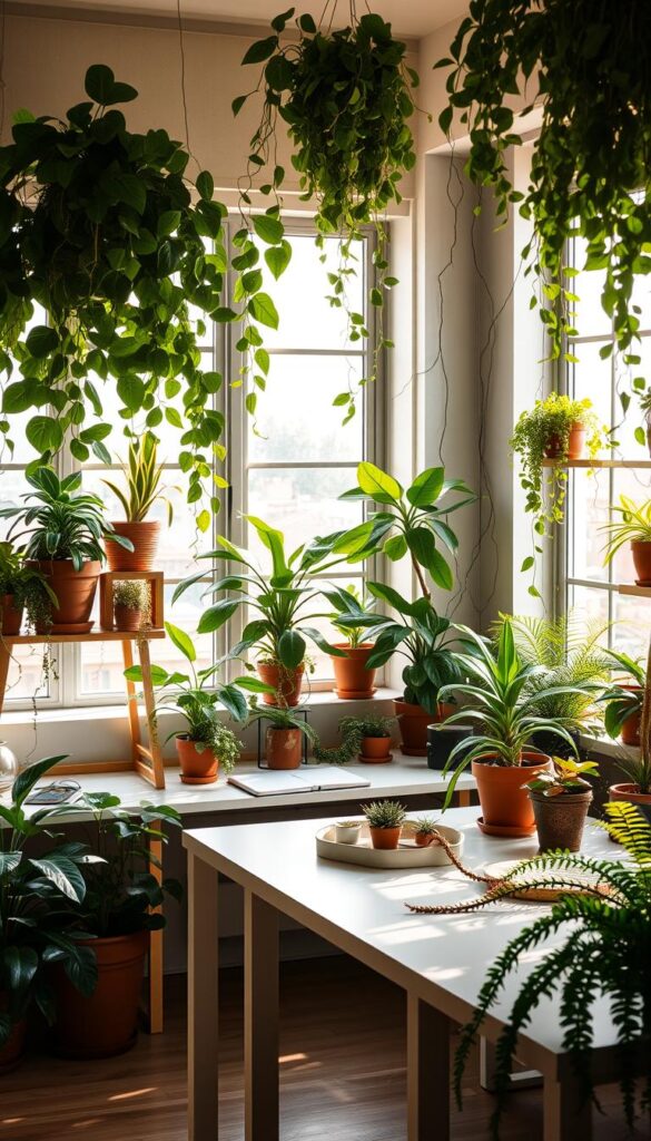 A cozy and inviting biophilic-inspired office space, bathed in warm natural light filtering through large windows. An abundance of lush, verdant potted plants and trailing vines adorn the desk, shelves, and windowsills, creating a serene, nature-infused atmosphere. A variety of species, from towering fiddle-leaf figs to delicate ferns, are strategically placed to maximize visual appeal and air purification. The furniture is minimalist and clean-lined, allowing the verdant greenery to take center stage. Soft, diffused lighting casts a gentle glow, enhancing the organic, earthy ambiance. The overall scene evokes a sense of tranquility and connection to the natural world, inspiring creativity and well-being in the workspace.