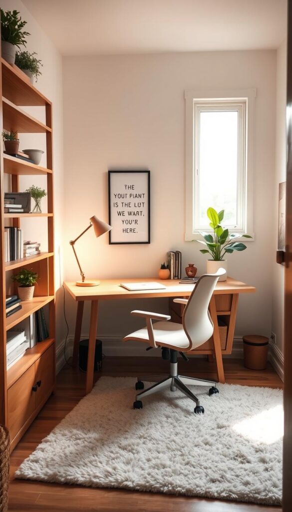 A cozy and well-organized home office nook in a small corner, flooded with soft natural light streaming through a nearby window. Bespoke wooden shelves line the walls, displaying an artful arrangement of plants, books, and decorative items. A compact, minimalist desk in a light, natural wood tone sits centered, accompanied by an ergonomic chair in a complementary neutral hue. Warm task lighting from a sleek, angular lamp illuminates the workspace, creating a productive yet inviting ambiance. Inspirational wall art and a lush potted plant add visual interest and a touch of greenery, while a plush area rug grounds the space and enhances the sense of coziness. The overall aesthetic is a harmonious blend of functionality and style, optimizing the limited square footage for a highly efficient and visually appealing creative workspace.