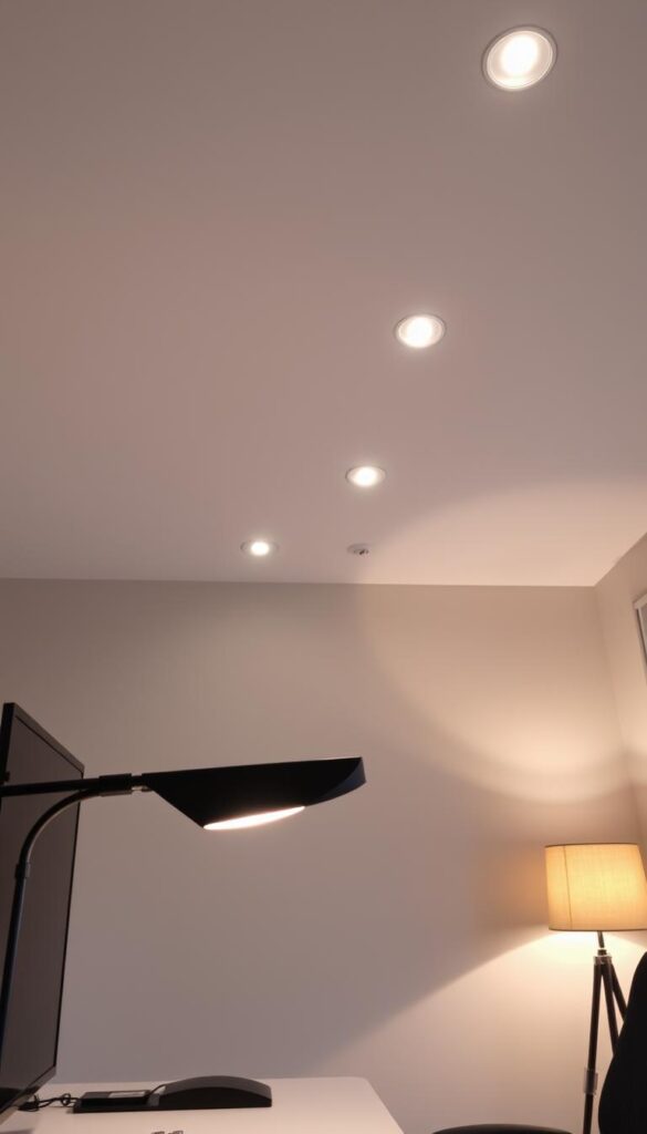 A cozy, well-lit office space with strategic task and ambient lighting. In the foreground, a sleek desk lamp casts a warm, focused glow on the workspace. Across the middle, a row of recessed ceiling lights illuminates the room with a soft, even radiance. In the background, a floor lamp in the corner adds a touch of ambiance, its light diffused through a linen shade. The overall atmosphere is one of productivity and comfort, with clean, modern lines and a soothing color palette of grays and whites.