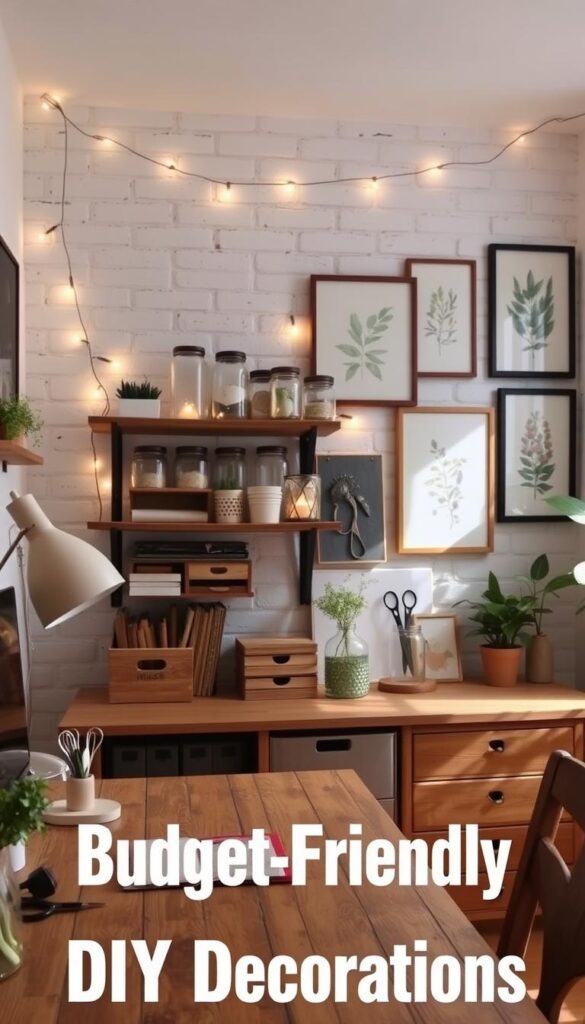 A cozy, well-organized office space filled with budget-friendly DIY decor. In the foreground, a rustic wooden desk with a minimalist lamp, a plant, and a pair of vintage-style scissors. On the middle shelves, an assortment of repurposed jars, mason jar organizers, and framed botanical prints. The background features a whitewashed brick wall with string lights, casting a warm, inviting glow. Soft natural light filters through a large window, illuminating the space. The overall atmosphere is one of simplicity, functionality, and personal style, reflecting the theme of "Budget-Friendly DIY Office Decorations".