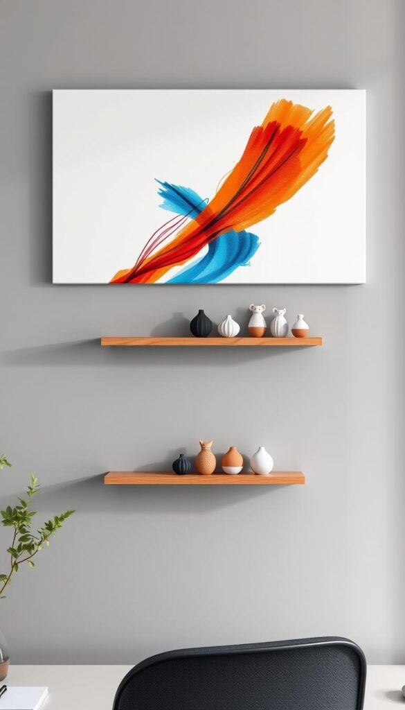 A meticulously curated collection of personalized wall art, adorning a chic, minimalist workspace. In the foreground, a series of abstract brushstrokes in vibrant hues - crimson, ochre, and azure - dance across a pristine white canvas, capturing the essence of creativity. Positioned at various angles, these captivating pieces cast dynamic shadows, adding depth and dimension to the scene. In the middle ground, a sleek, floating wooden shelf displays an assortment of handcrafted ceramic figurines, each one a unique representation of the user's personality. The background is a serene, muted gray wall, allowing the vibrant artwork and personalized decor to take center stage, inspiring and uplifting the workspace's occupant.