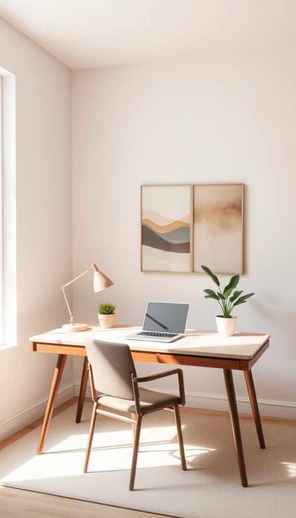 A minimalist office space with clean lines and neutral tones. A mid-century modern desk with a sleek laptop, a simple yet stylish desk lamp, and a potted plant adding a touch of greenery. The walls are adorned with abstract wall art in muted hues, creating a serene and focused atmosphere. Soft, indirect lighting from a large window bathes the room in a warm, natural glow, enhancing the sense of calm and productivity. The overall composition is balanced, uncluttered, and designed to facilitate a distraction-free work environment.